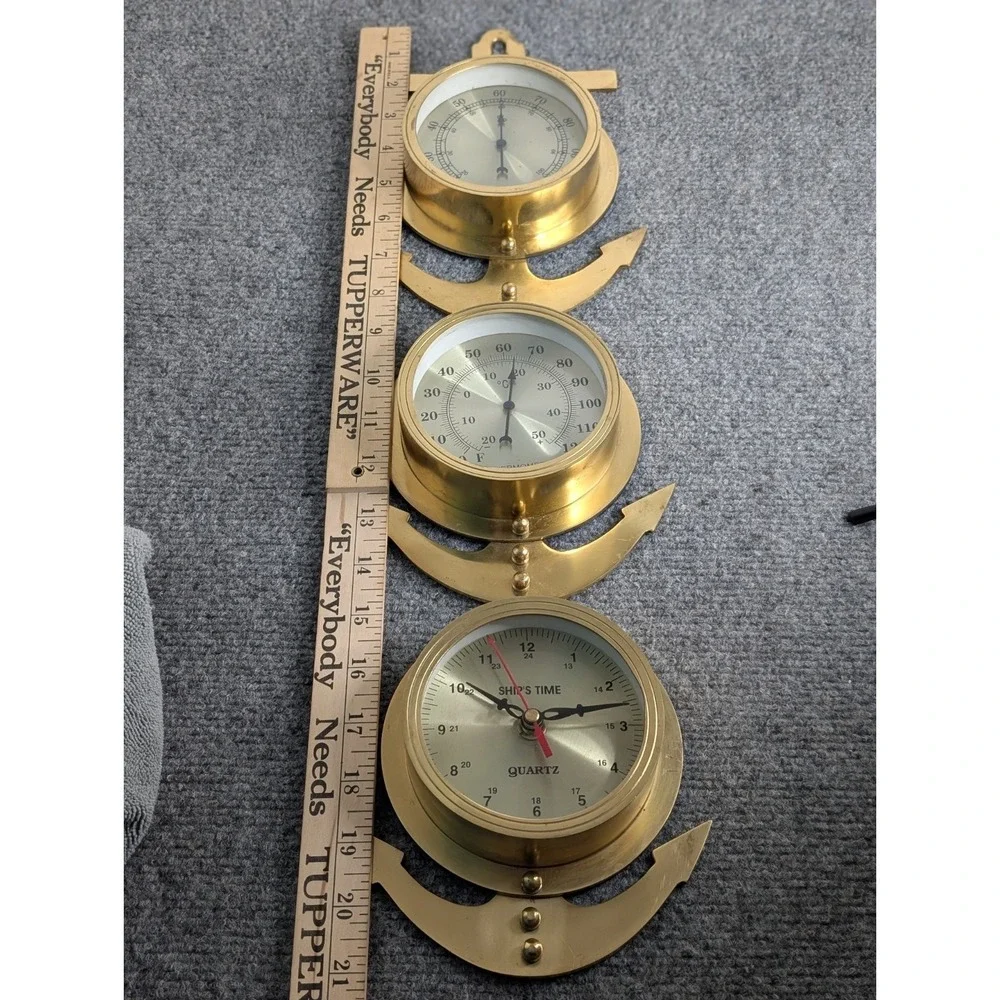 Vintage Brass Anchor Wall Weather Station Quartz Clock Thermometer Hygro READ